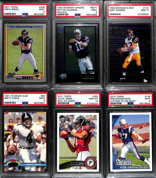 Lot of (6) Modern Football PSA Graded Hall of Fame and Superstar Rookies inc. 2001 Topps Drew Brees (PSA 9), 1998 Bowman Chrome Preview Peyton Manning (PSA 9), 1999 Bowman's Best Kurt Warner (PSA...